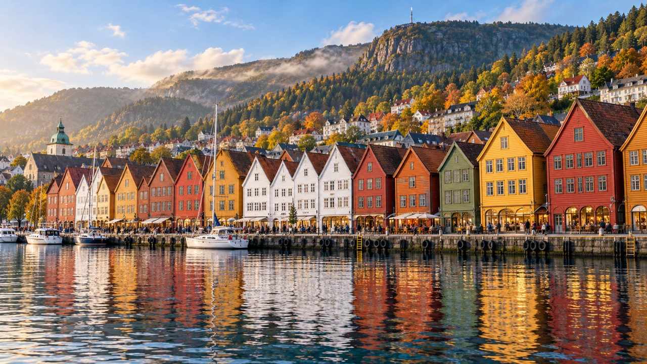 ภาพ AI จำลองบ้านไม้ Bryggen ริมอ่าวแบร์เกน