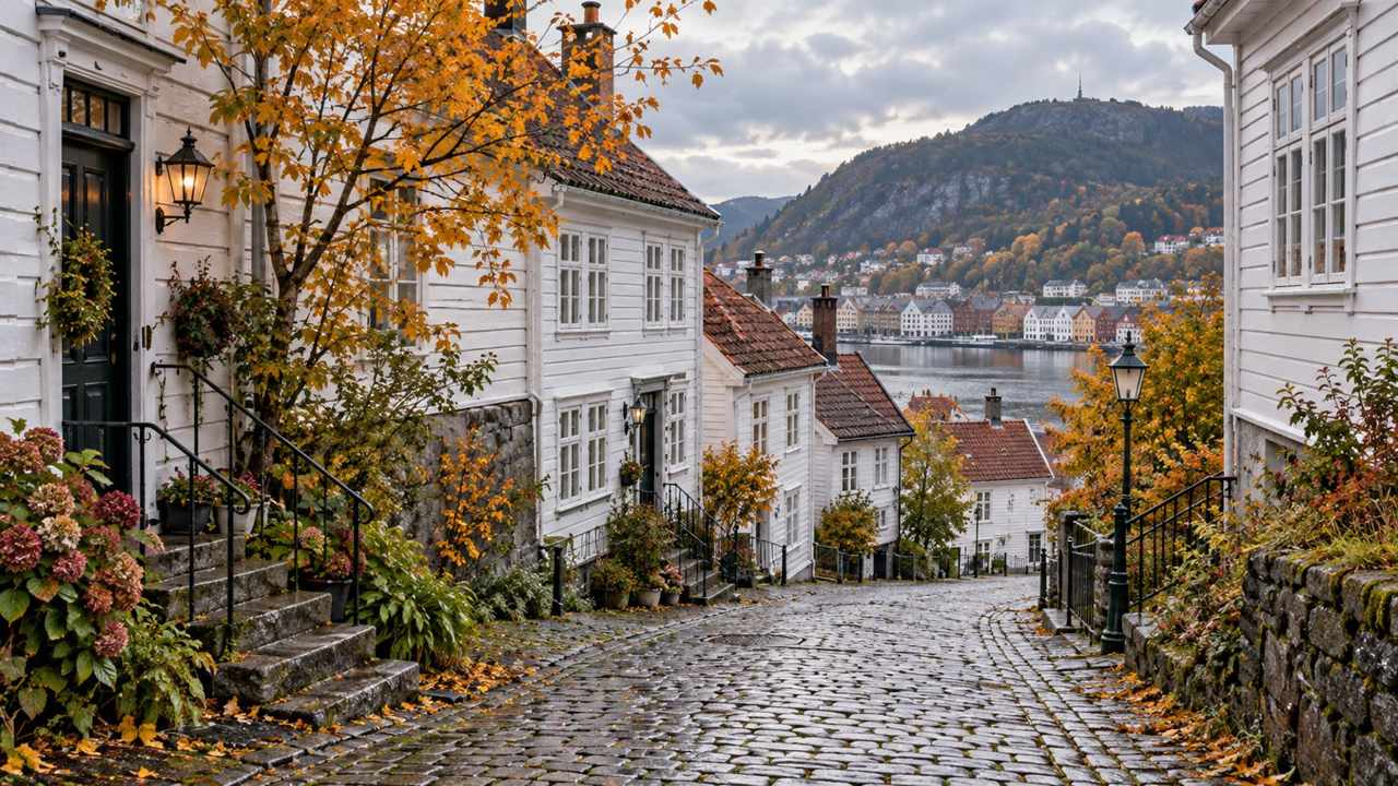 ภาพ AI จำลองตรอกบ้านไม้ในย่าน Nordnes แบร์เกน