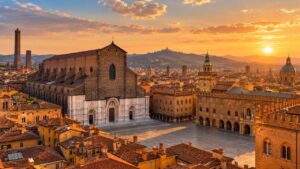 ภาพ AI จำลองจัตุรัส Piazza Maggiore และมหาวิหาร San Petronio ในโบโลญญา