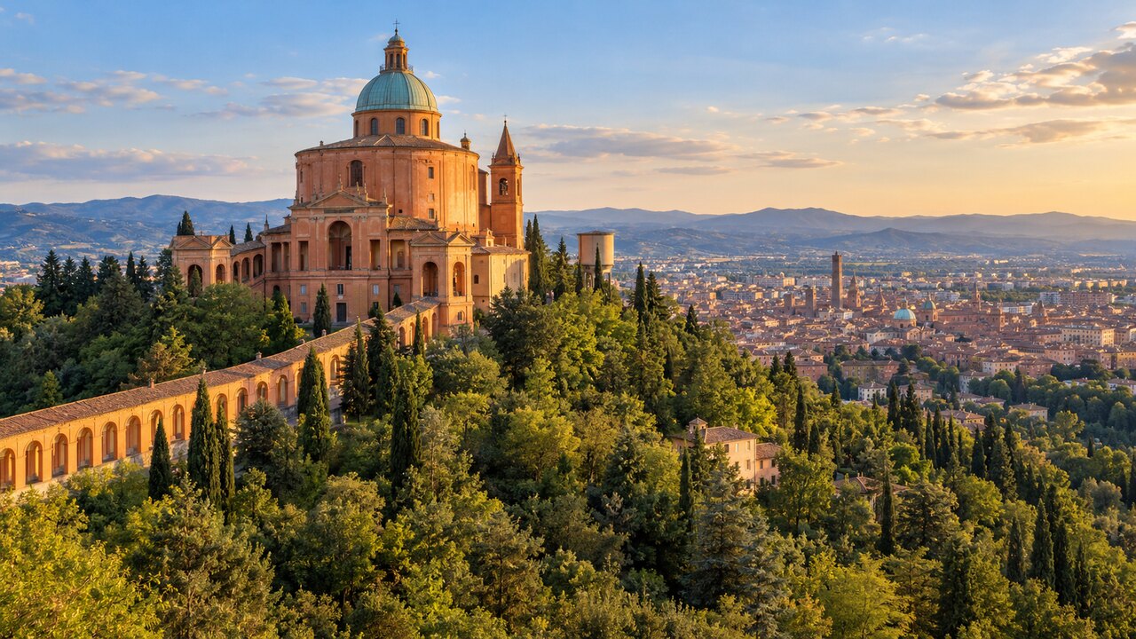 ภาพ AI จำลองวิหาร Madonna di San Luca บนเนินเขาเหนือเมืองโบโลญญา