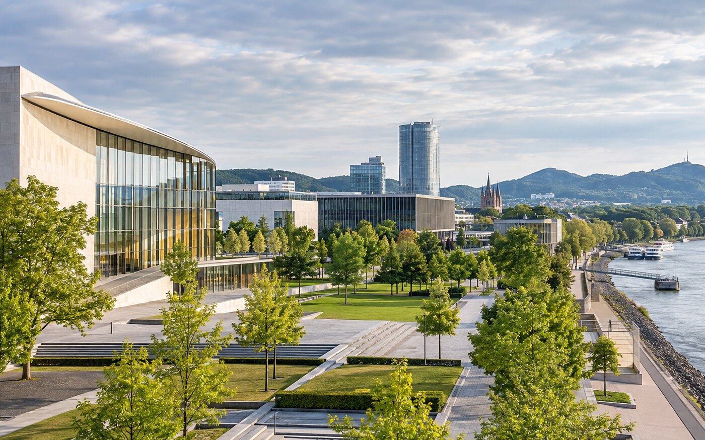 ภาพประกอบ AI สถาปัตยกรรม Museumsmeile และย่านรัฐบาลริมแม่น้ำไรน์ในบอนน์