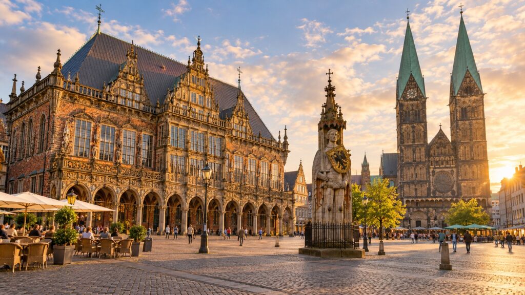 จัตุรัส Marktplatz ศาลาว่าการและรูปปั้น Roland เมืองเบรเมน ภาพสร้างด้วย AI