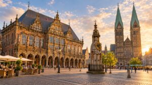 จัตุรัส Marktplatz ศาลาว่าการและรูปปั้น Roland เมืองเบรเมน ภาพสร้างด้วย AI