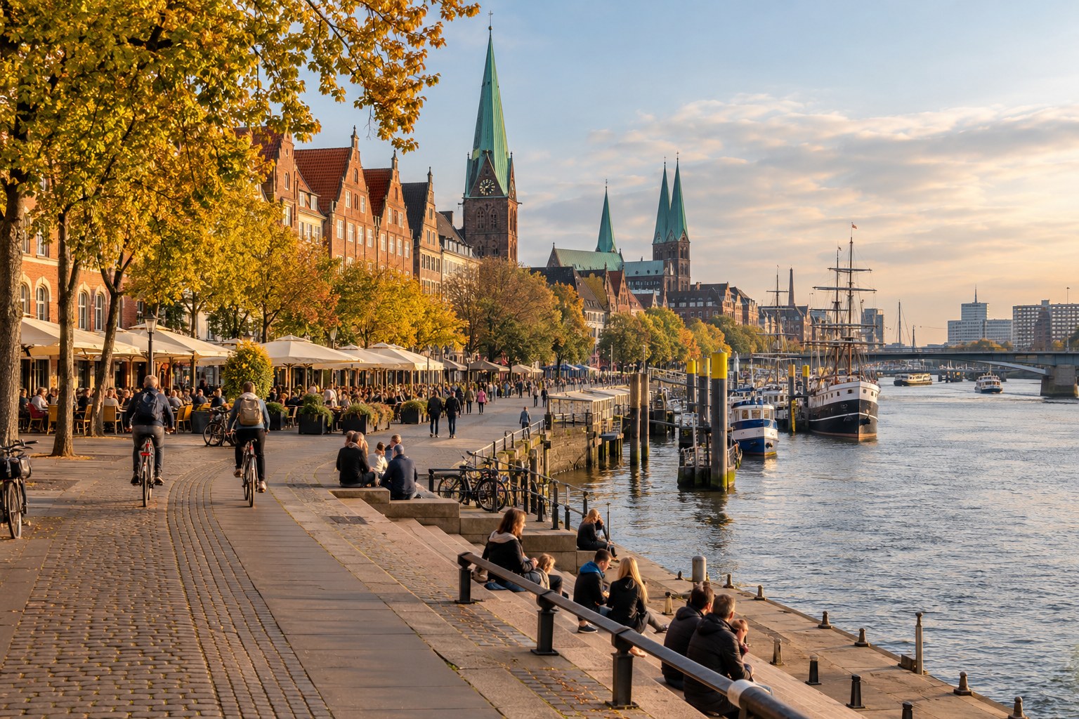 ทางเดิน Schlachte ริมแม่น้ำเวเซอร์ เมืองเบรเมนในฤดูใบไม้ร่วง ภาพสร้างด้วย AI