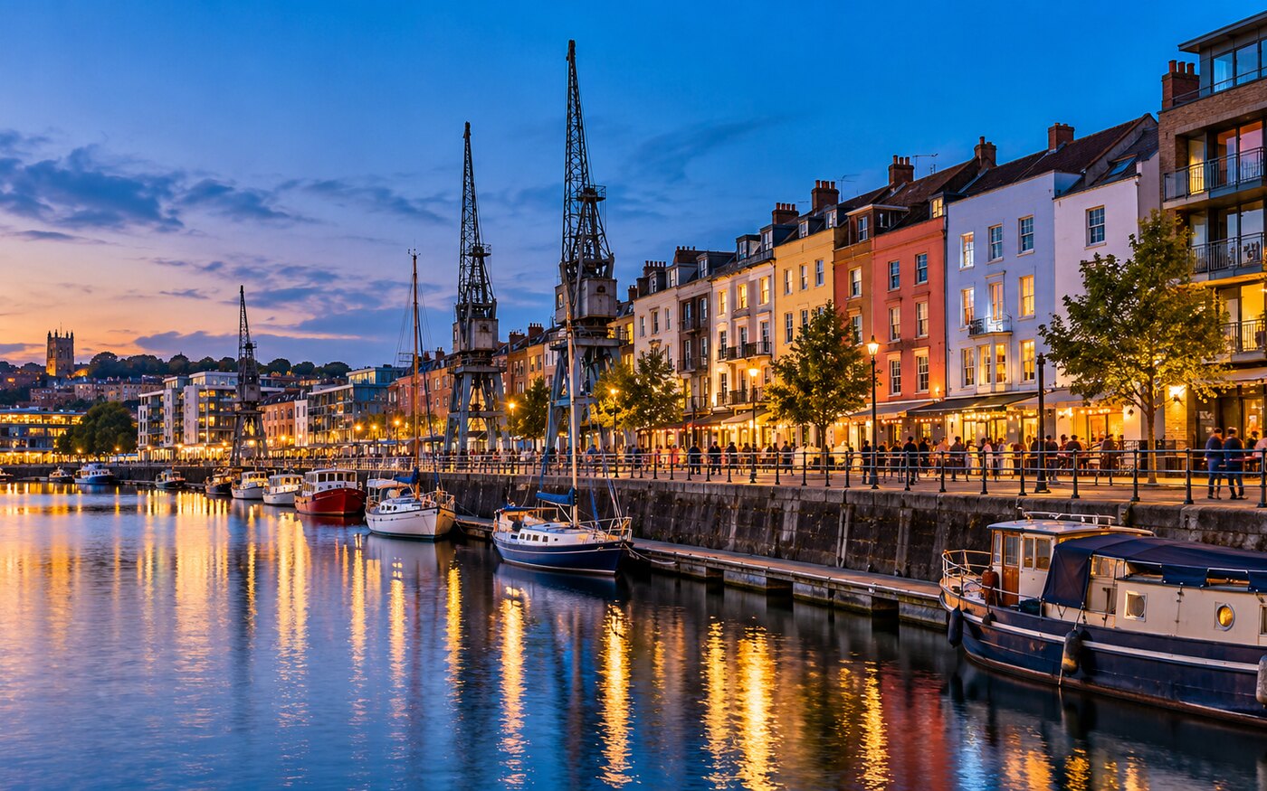 ภาพ AI ย่าน Bristol Harbourside ริมน้ำยามค่ำพร้อมเรือและเครนท่าเรือ
