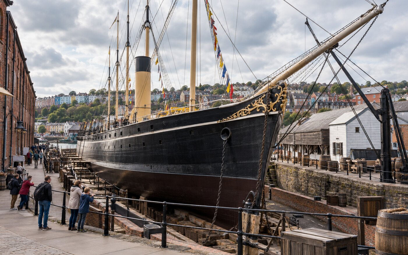 ภาพ AI เรือเหล็กประวัติศาสตร์ในอู่เรือบริสตอลซึ่งได้แรงบันดาลใจจาก SS Great Britain