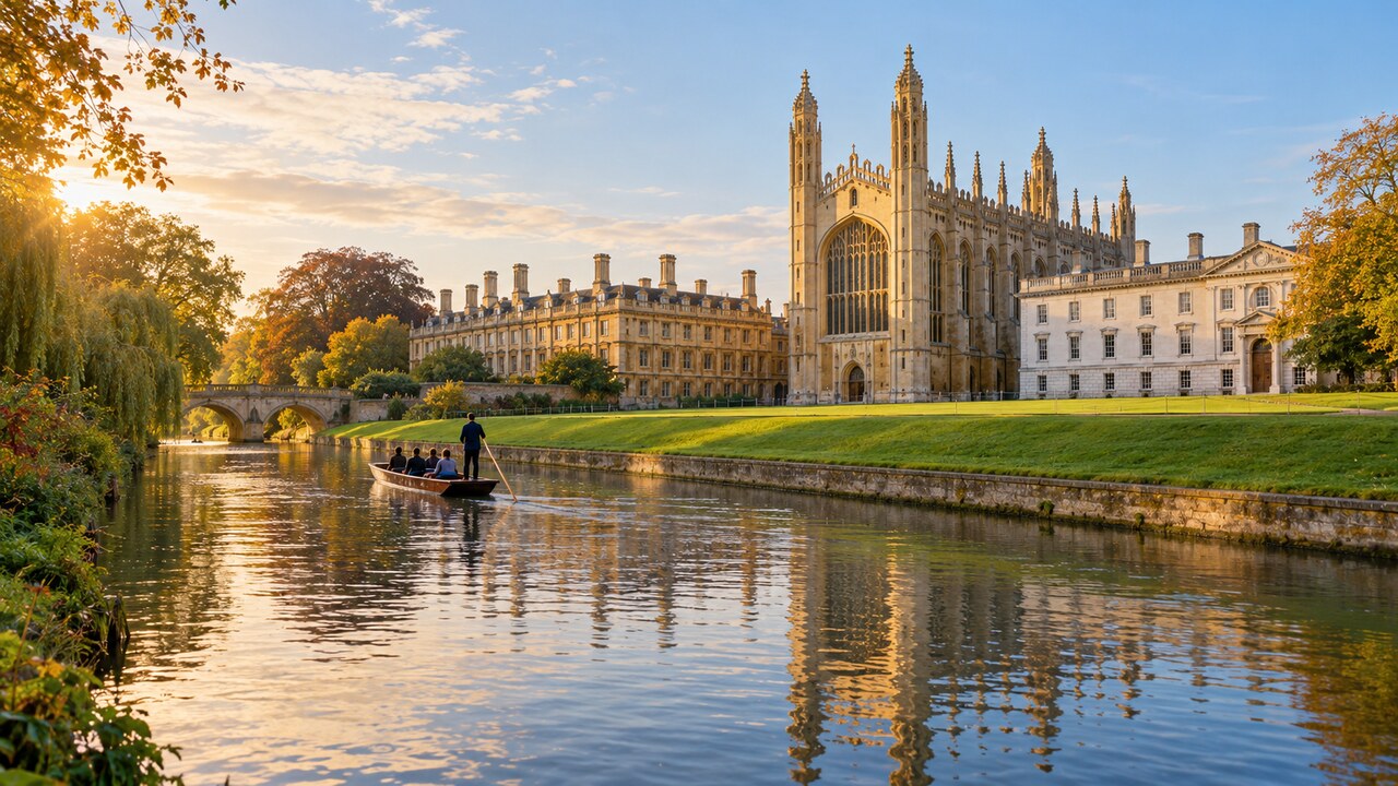 King’s College Chapel และริมแม่น้ำ Cam เมืองเคมบริดจ์ในฤดูใบไม้ร่วง