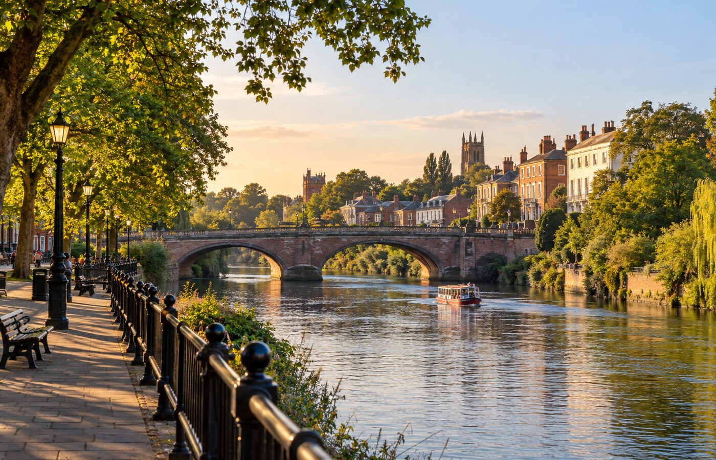 ภาพ AI ทางเดินริมแม่น้ำดีและสะพานในเมืองเชสเตอร์