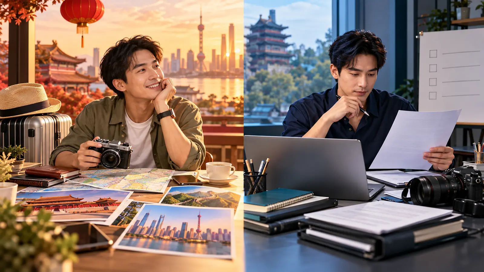 ภาพแบ่งครึ่งเปรียบเทียบนักท่องเที่ยวจีนระยะสั้นกับผู้เตรียมเอกสารเพื่อทำงาน เรียน หรือทำสื่อ ภาพสร้างด้วย AI