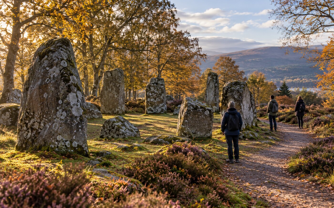 ภาพ AI กลุ่มหินโบราณแบบ Clava Cairns และนักท่องเที่ยวบนเส้นทาง