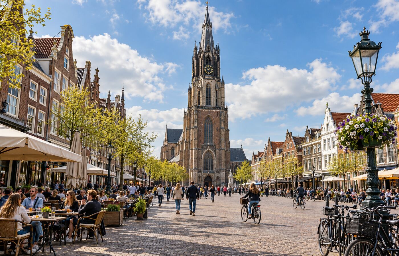 จัตุรัส Markt และโบสถ์ Nieuwe Kerk ในเดลฟต์ ภาพสร้างด้วย AI