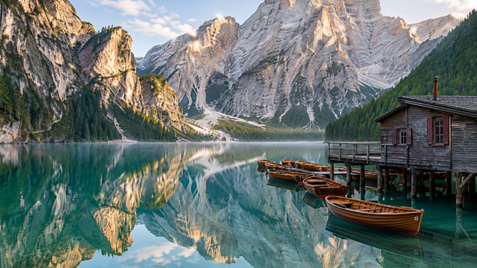 ทะเลสาบ Lago di Braies และภูเขาโดโลไมต์ ภาพสร้างด้วย AI