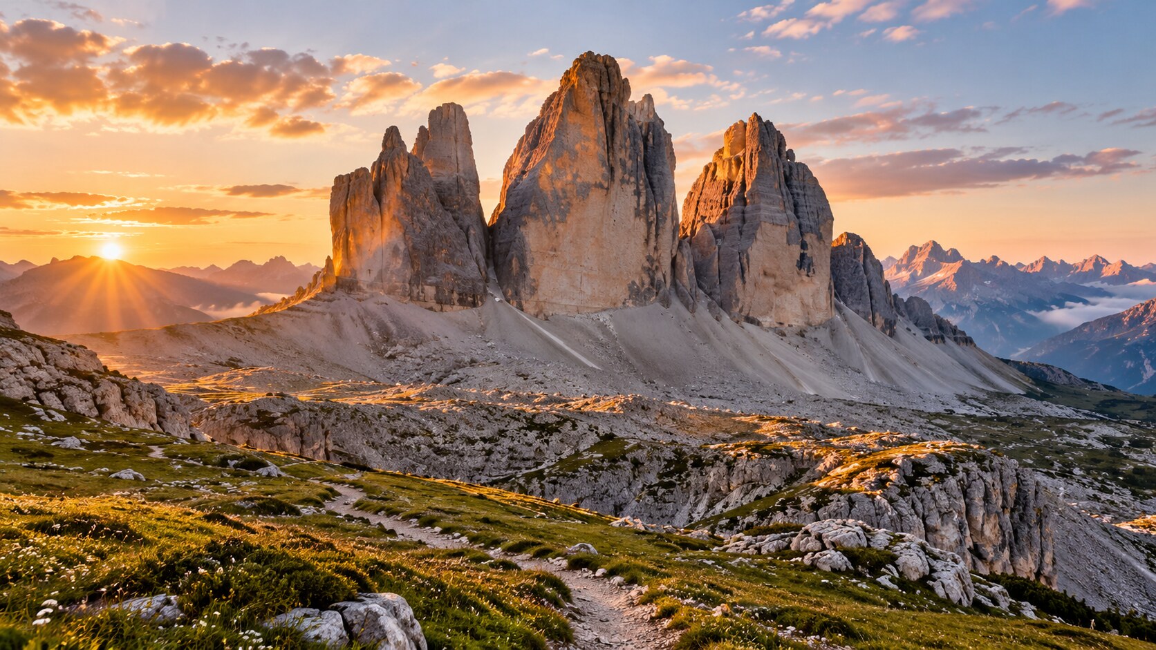 ยอดเขา Tre Cime di Lavaredo ในเทือกเขาโดโลไมต์ยามพระอาทิตย์ขึ้น ภาพสร้างด้วย AI