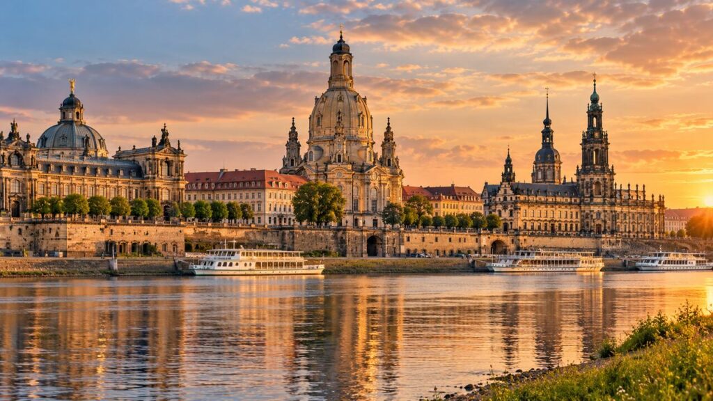 วิวเมืองเดรสเดนริมแม่น้ำเอลเบและโดม Frauenkirche ช่วงแสงเย็น ภาพ AI