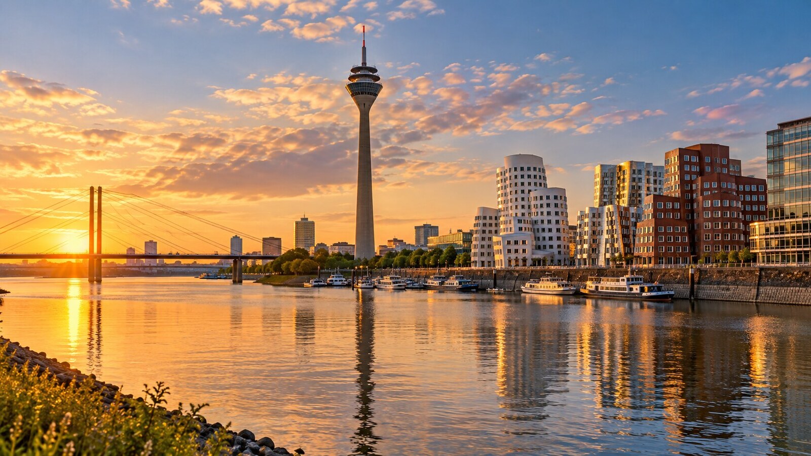 ภาพประกอบ AI วิวดึสเซลดอร์ฟริมแม่น้ำไรน์ เห็น Rheinturm และสถาปัตยกรรม MedienHafen