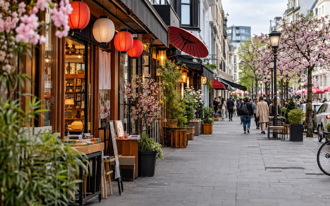 ภาพประกอบ AI บรรยากาศ Little Tokyo รอบ Immermannstraße เมืองดึสเซลดอร์ฟ