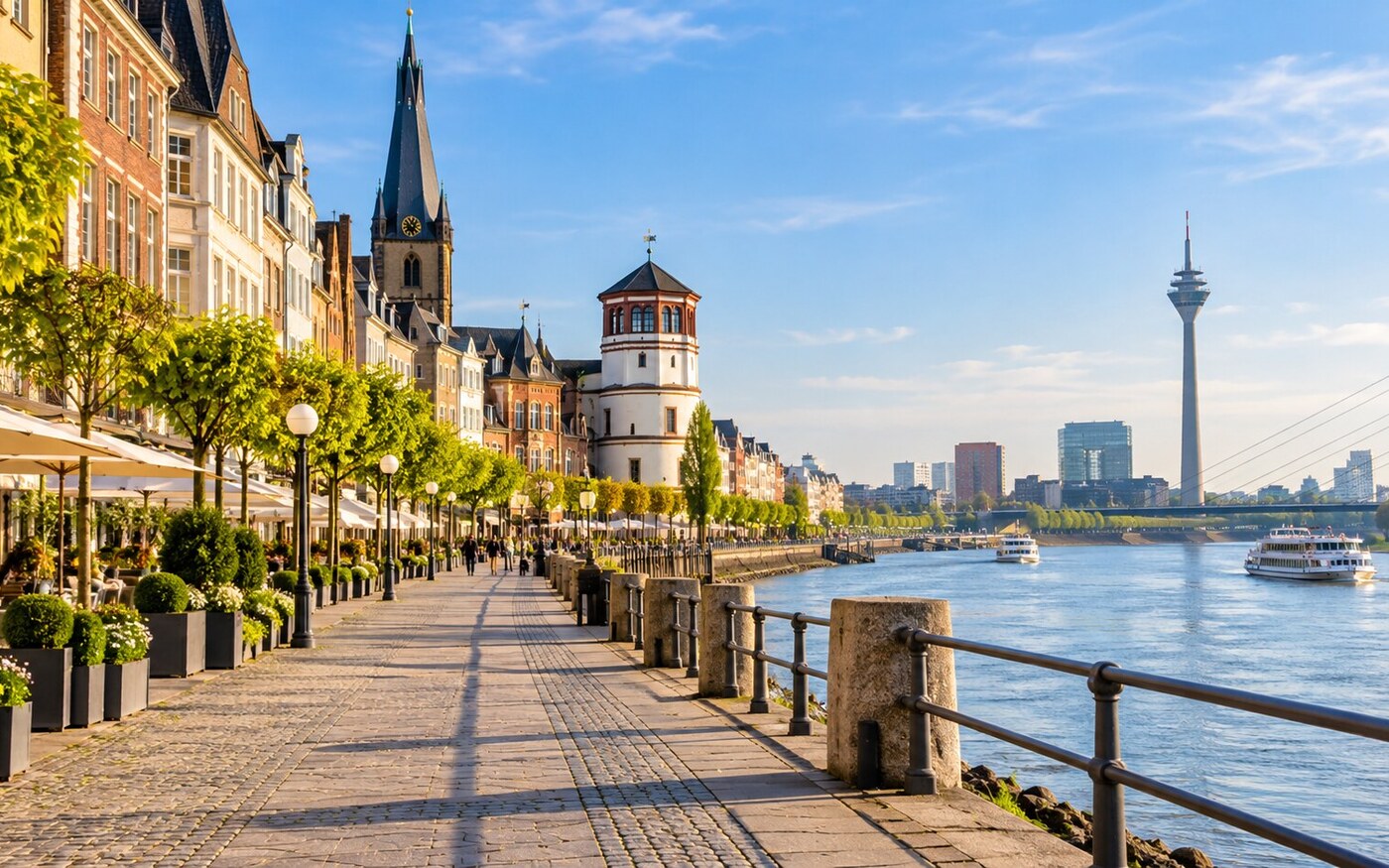 ภาพประกอบ AI เมืองเก่าและทางเดิน Rheinuferpromenade ริมแม่น้ำไรน์ในดึสเซลดอร์ฟ