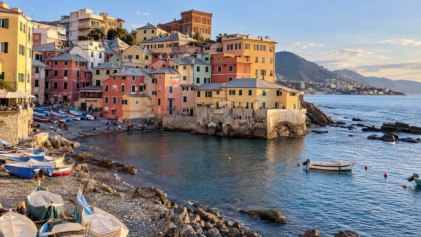 บ้านสีพาสเทลและอ่าวเล็กของหมู่บ้าน Boccadasse ในเจนัว