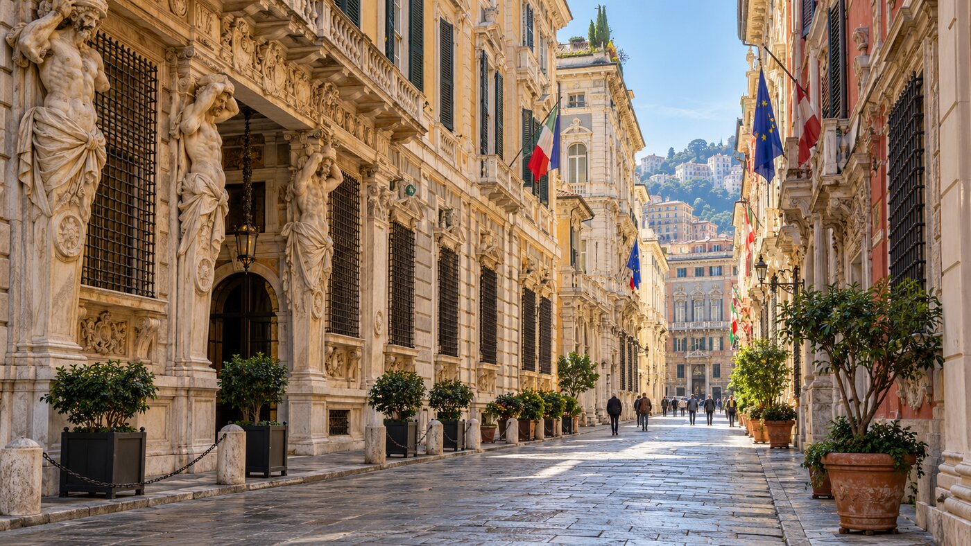 ถนน Via Garibaldi ในเจนัวที่เรียงรายด้วยคฤหาสน์ Palazzi dei Rolli