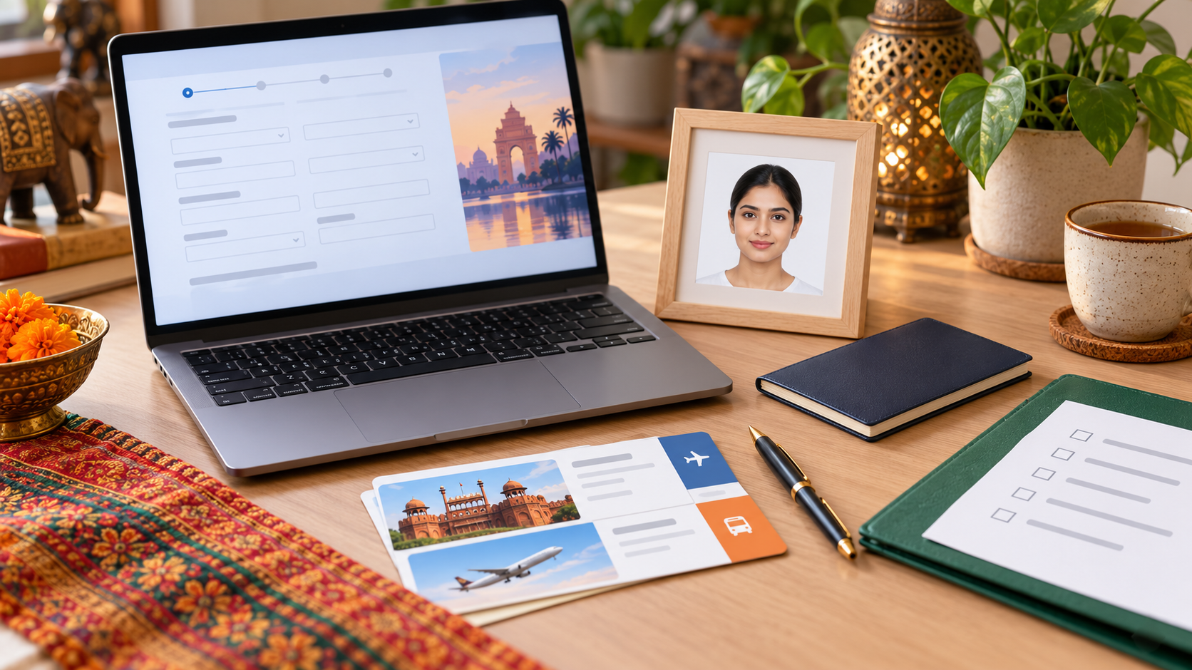 โต๊ะเตรียมใบสมัคร India e-Visa พร้อมรูปถ่ายและเช็กลิสต์เอกสาร