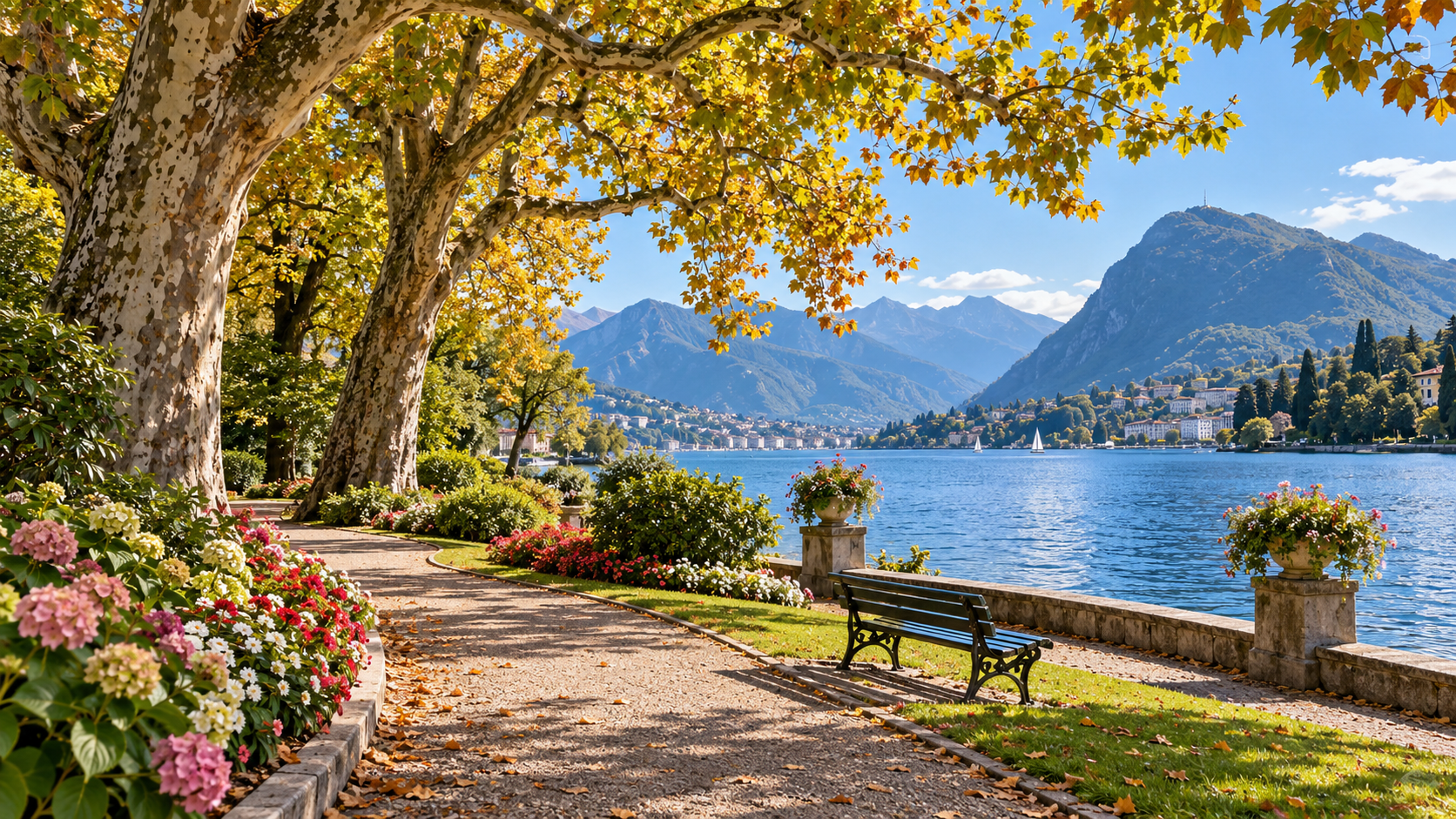 ภาพ AI จำลองบรรยากาศสวน Parco Ciani ริมทะเลสาบลูกาโน
