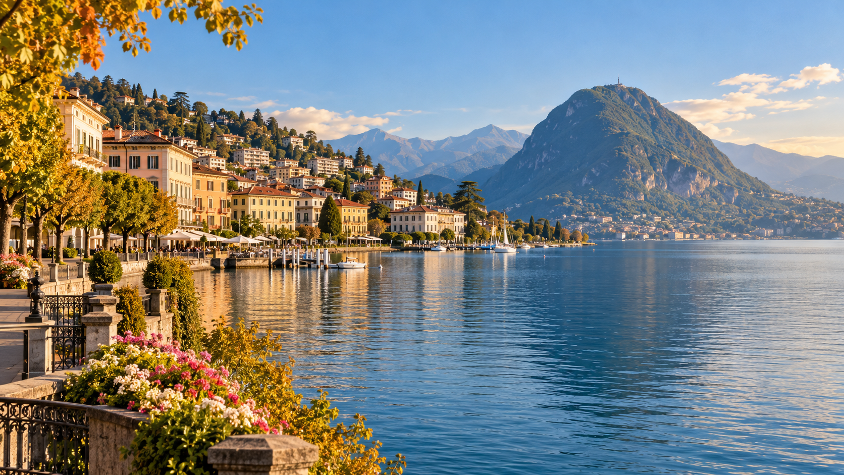 ภาพ AI จำลองวิวเมืองลูกาโนและทะเลสาบกับภูเขา San Salvatore