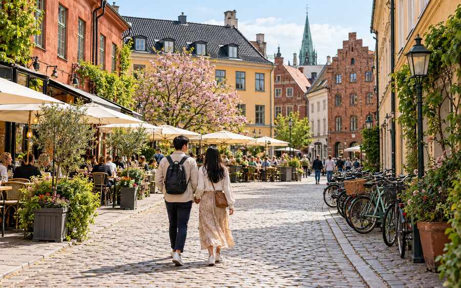 ภาพ AI ย่านเมืองเก่ามัลเมอใกล้ Lilla Torg บ้านสีสัน คาเฟ่ และจักรยาน
