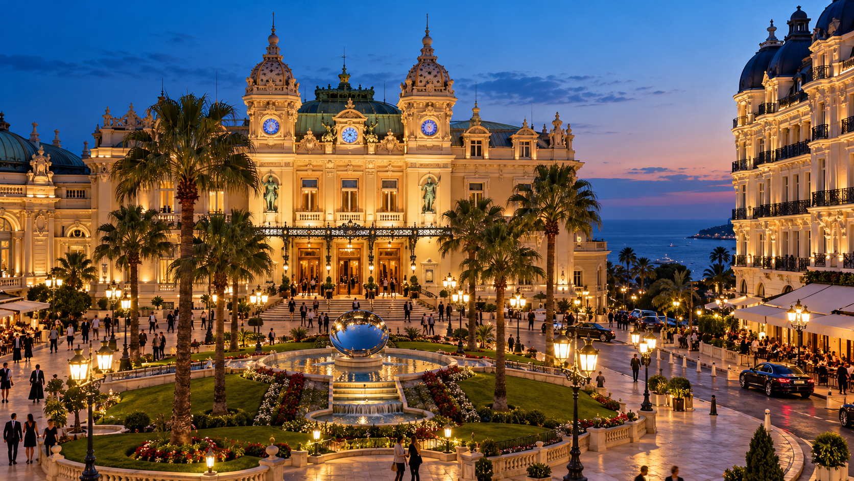 Place du Casino ย่านมอนติคาร์โลยามค่ำ — ภาพประกอบสร้างด้วย AI