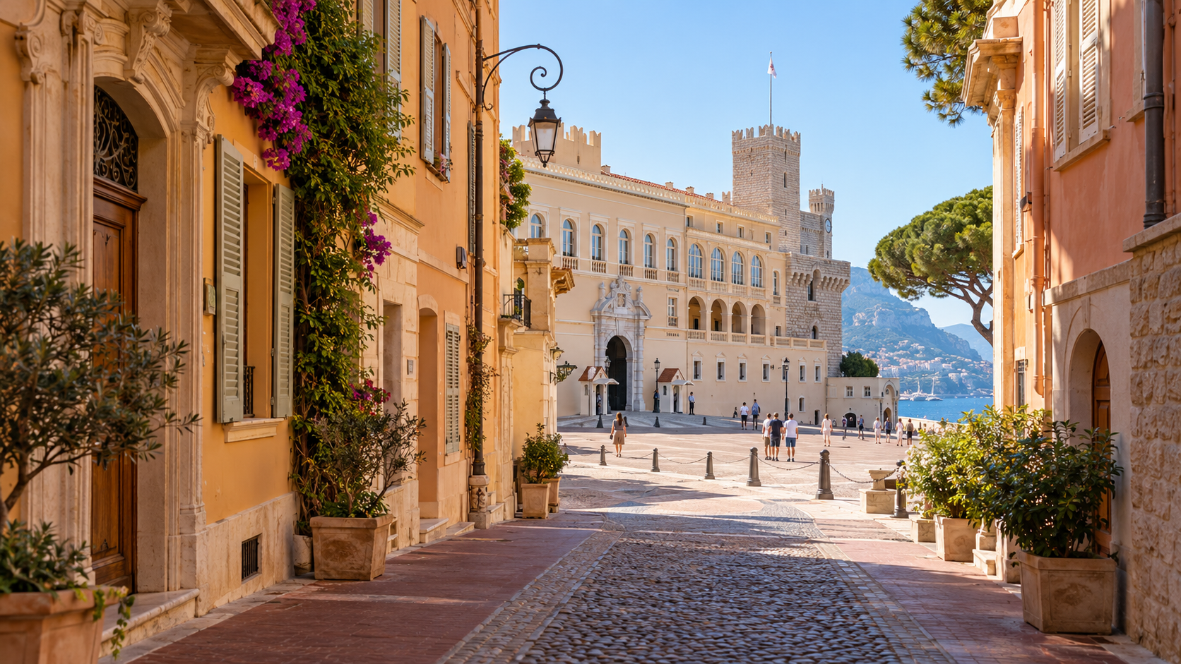 ตรอกเมืองเก่า Monaco-Ville ใกล้พระราชวัง — ภาพประกอบสร้างด้วย AI