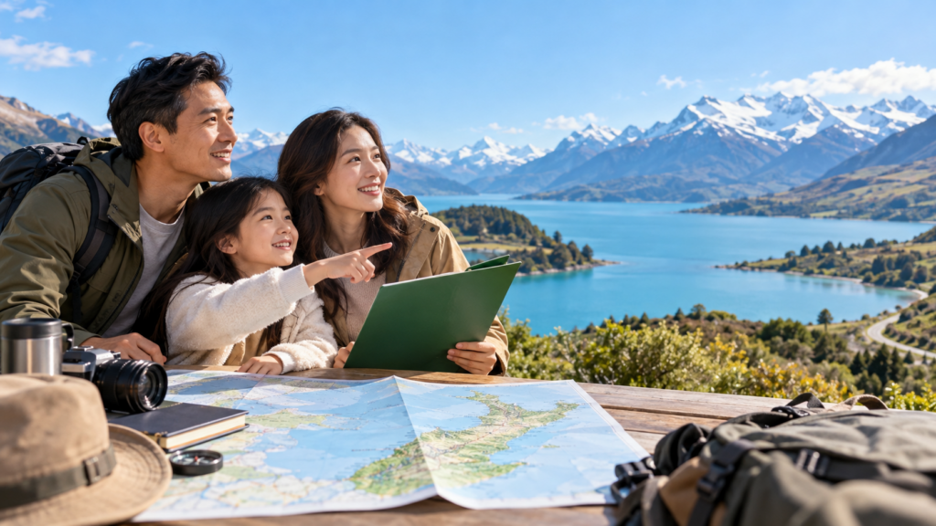 ครอบครัวนักท่องเที่ยวชาวไทยวางแผนขอ New Zealand Visitor Visa พร้อมแฟ้มสีเขียว