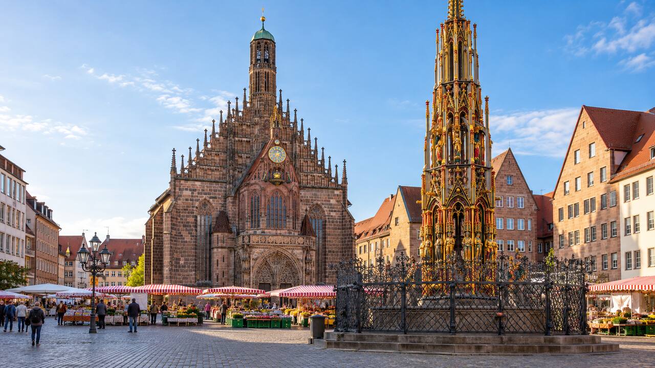 จัตุรัส Hauptmarkt โบสถ์ Frauenkirche และน้ำพุ Schöner Brunnen ในเนือร์นแบร์ก