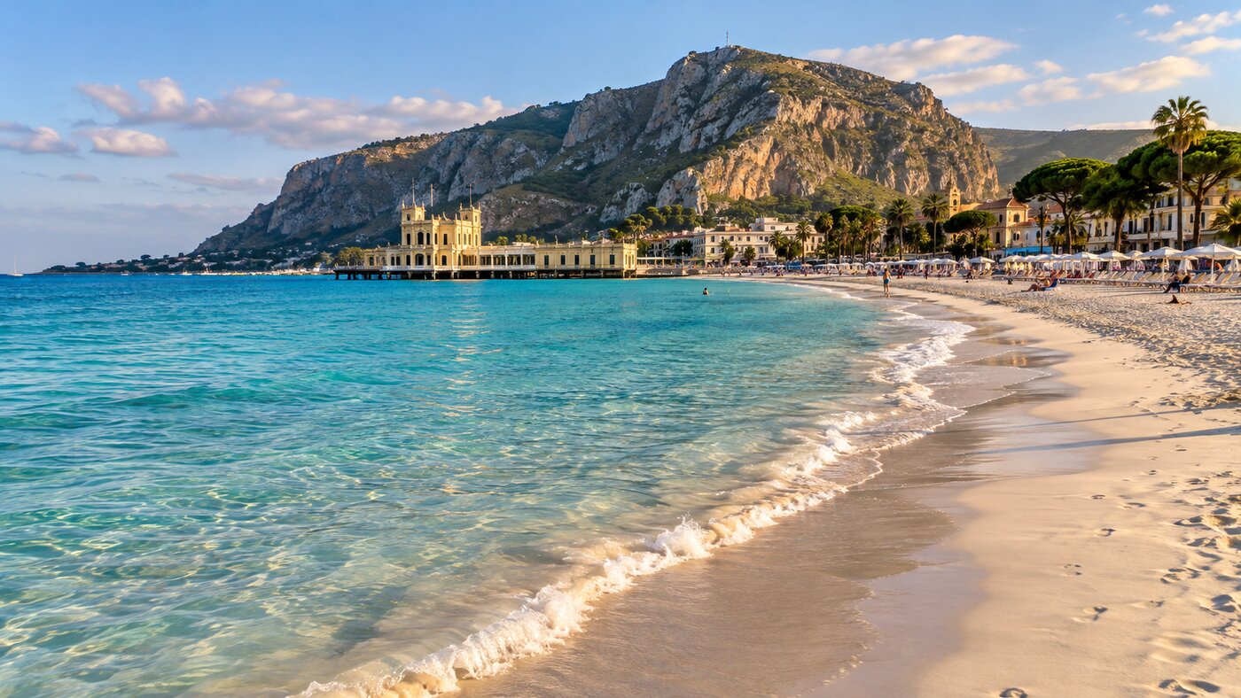 หาดทรายและน้ำทะเลสีฟ้าที่ Mondello ใกล้เมืองปาแลร์โม