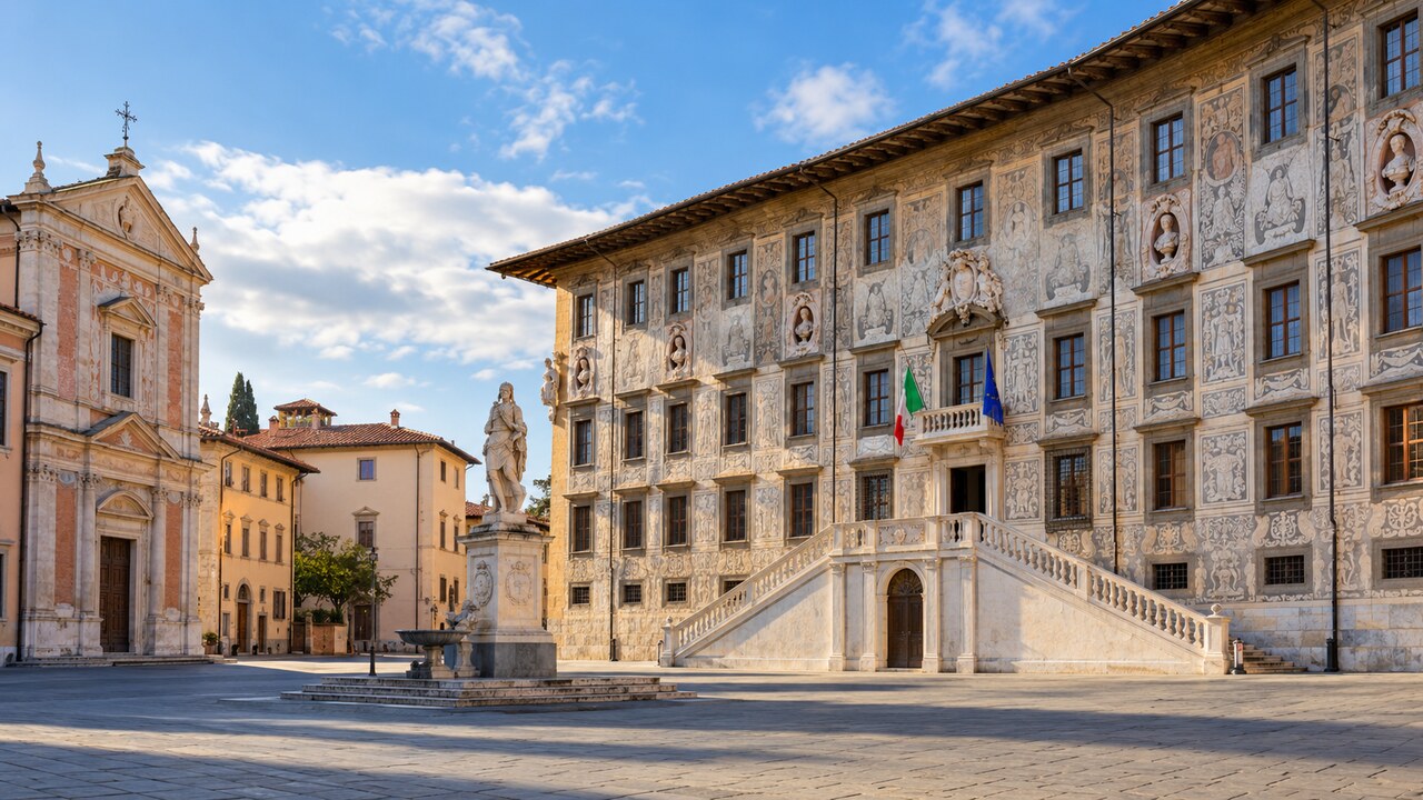 จัตุรัส Piazza dei Cavalieri และอาคารประวัติศาสตร์เมืองปิซา ภาพสร้างด้วย AI