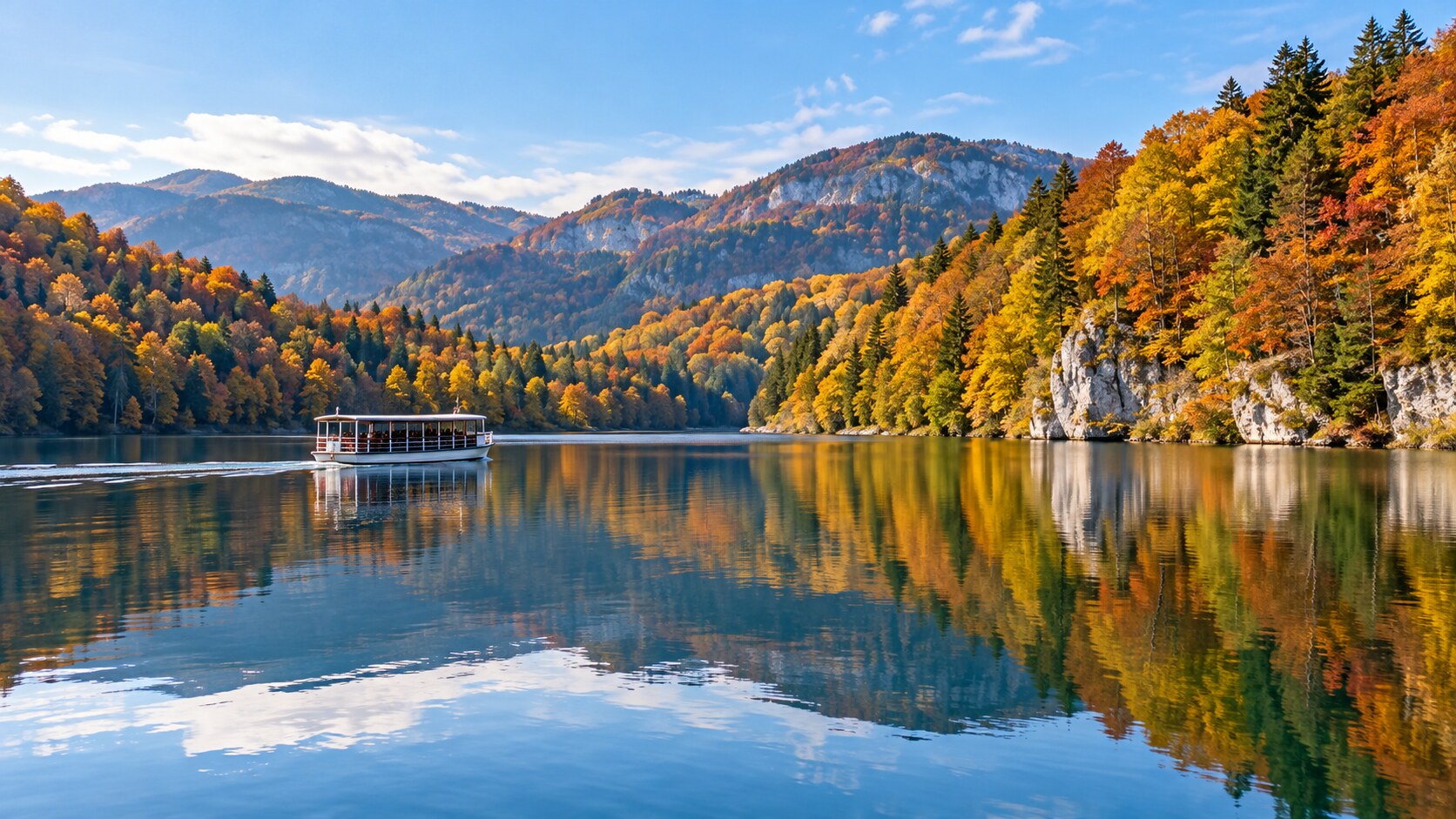 เรือไฟฟ้าบนทะเลสาบ Kozjak ท่ามกลางป่าฤดูใบไม้ร่วง ภาพสร้างด้วย AI