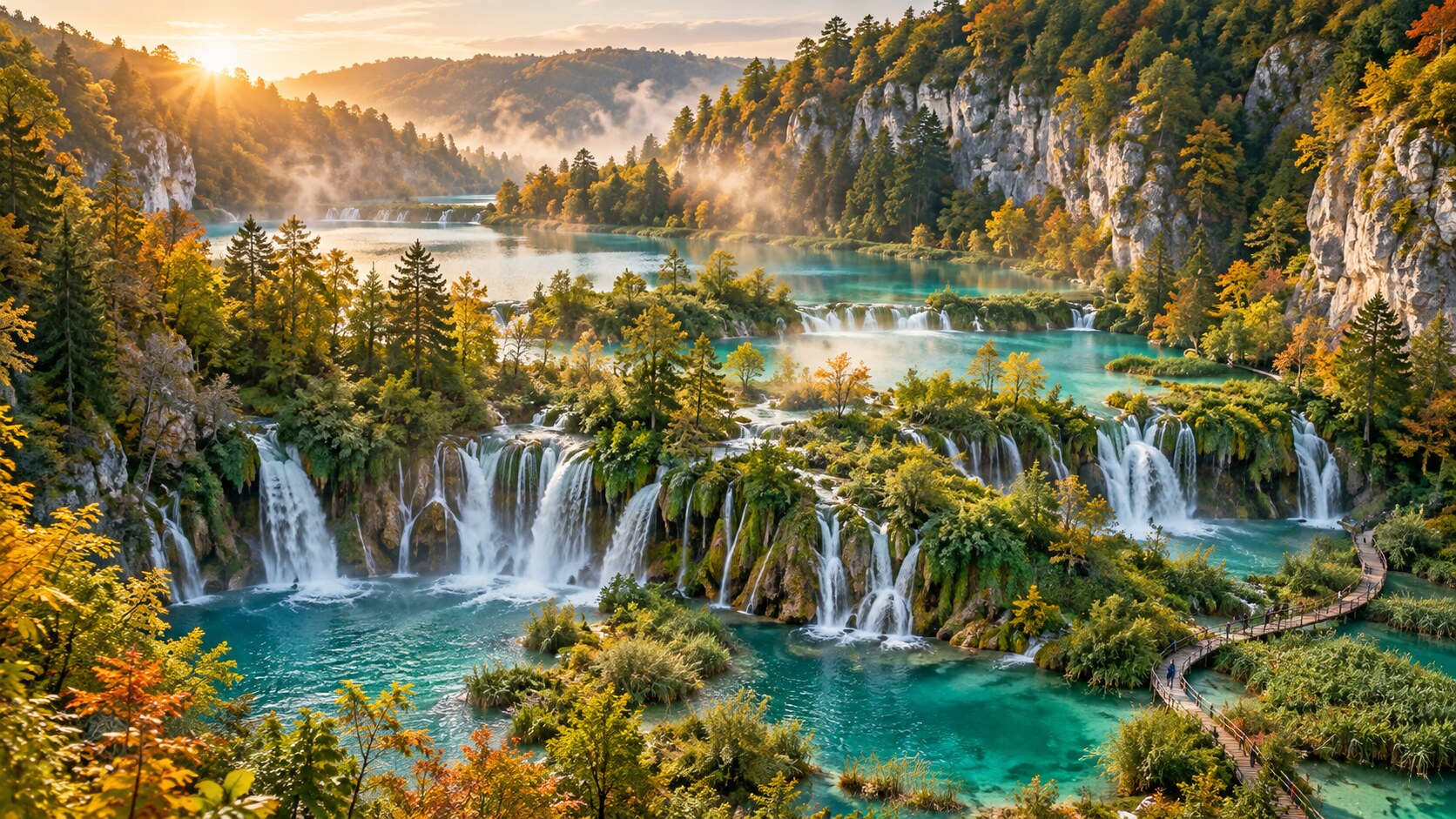 ทะเลสาบสีฟ้าและน้ำตกในอุทยานแห่งชาติพลิตวิเซ โครเอเชีย ภาพสร้างด้วย AI