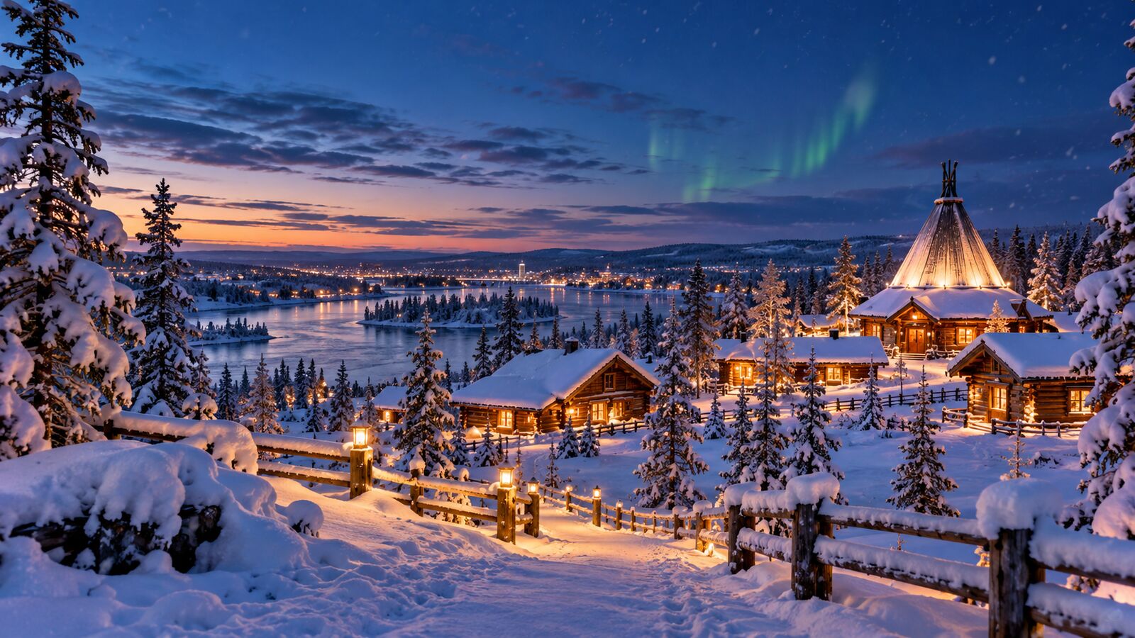 ภาพ AI เมืองโรวาเนียมิ ฟินแลนด์ในฤดูหนาวช่วงแสงสนธยา
