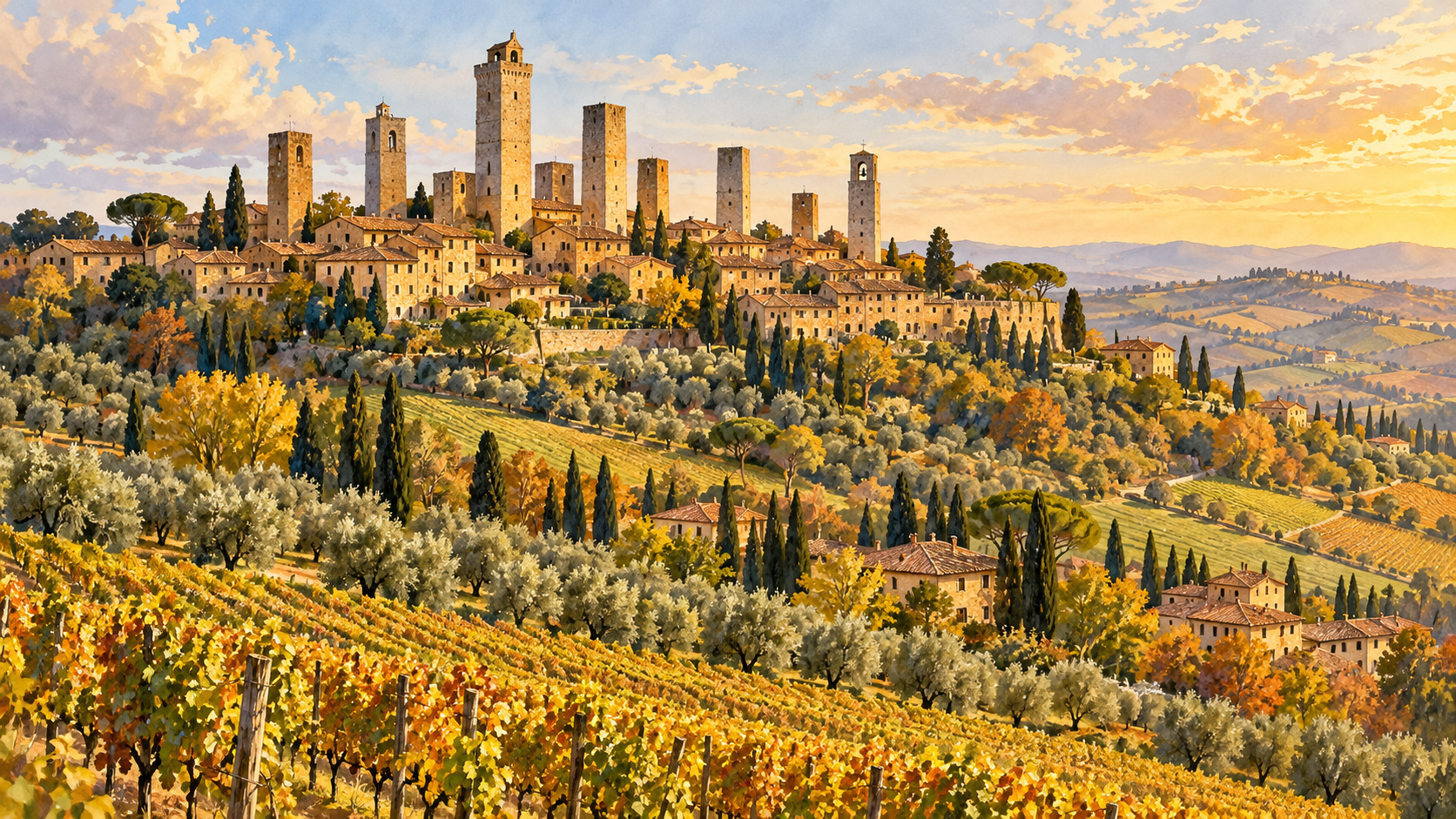 ภาพประกอบ AI เมืองหอคอย San Gimignano และชนบททัสคานี