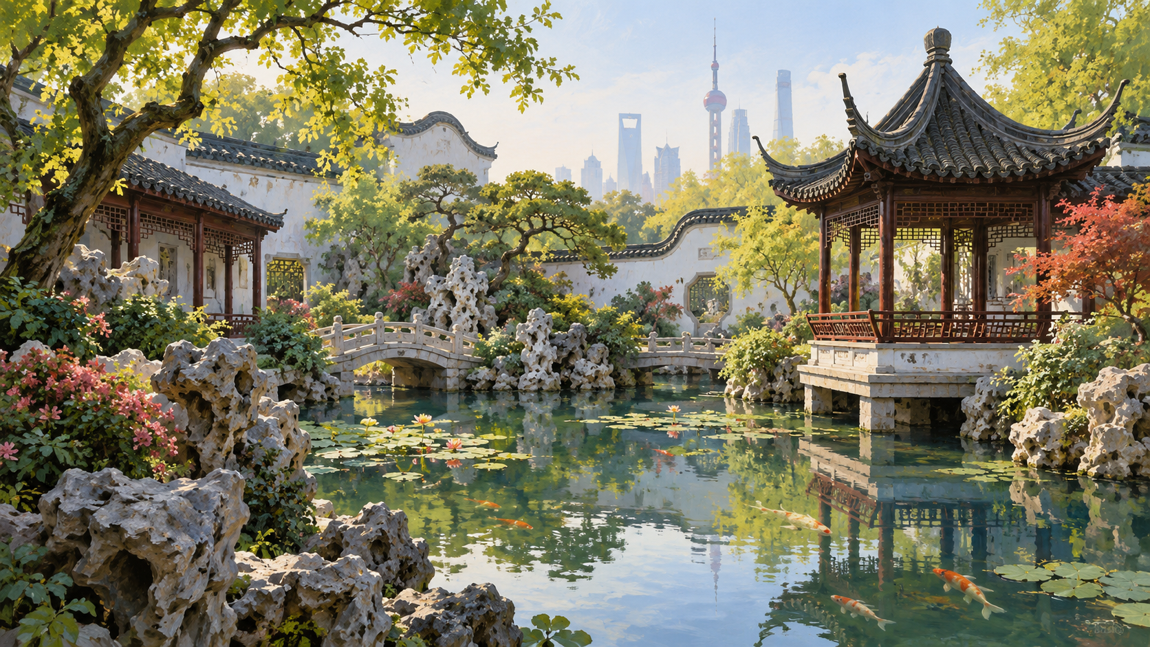 สวนจีนในเซี่ยงไฮ้ แรงบันดาลใจจากอวี้หยวน ภาพประกอบ AI
