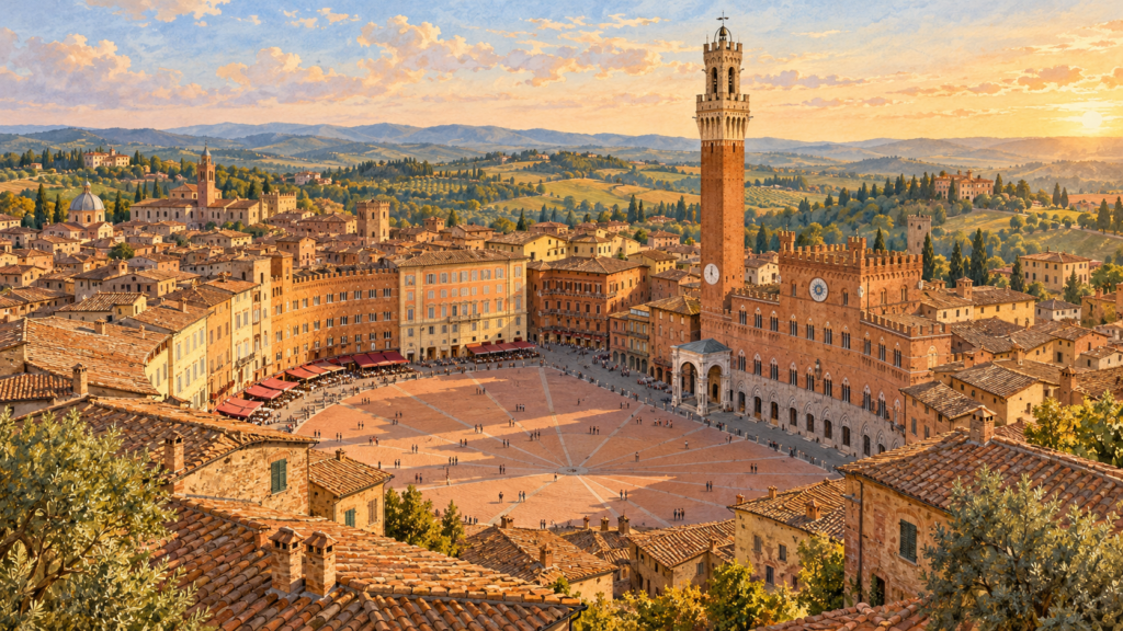 ภาพประกอบ AI จัตุรัส Piazza del Campo และหอ Torre del Mangia เมืองเซียนา