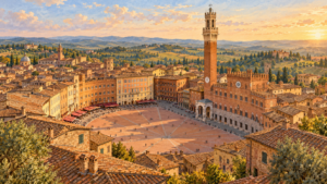 ภาพประกอบ AI จัตุรัส Piazza del Campo และหอ Torre del Mangia เมืองเซียนา