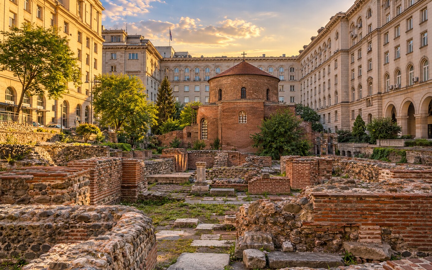 ภาพประกอบ AI ซากเมืองโรมัน Serdica และโบสถ์อิฐ St George Rotunda ในโซเฟีย