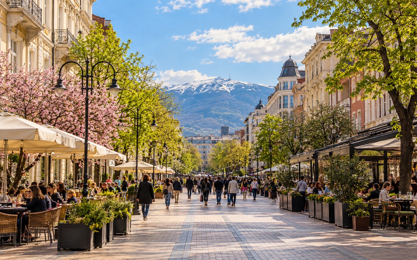 ภาพประกอบ AI ถนนคนเดิน Vitosha Boulevard กับภูเขา Vitosha เมืองโซเฟีย