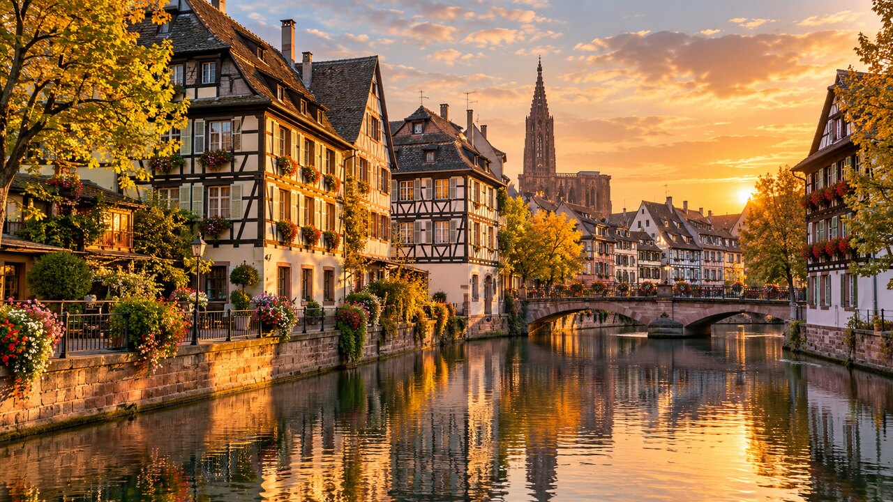 คลองและบ้านไม้ครึ่งปูนในย่าน Petite France เมืองสตราสบูร์ก ประเทศฝรั่งเศส
