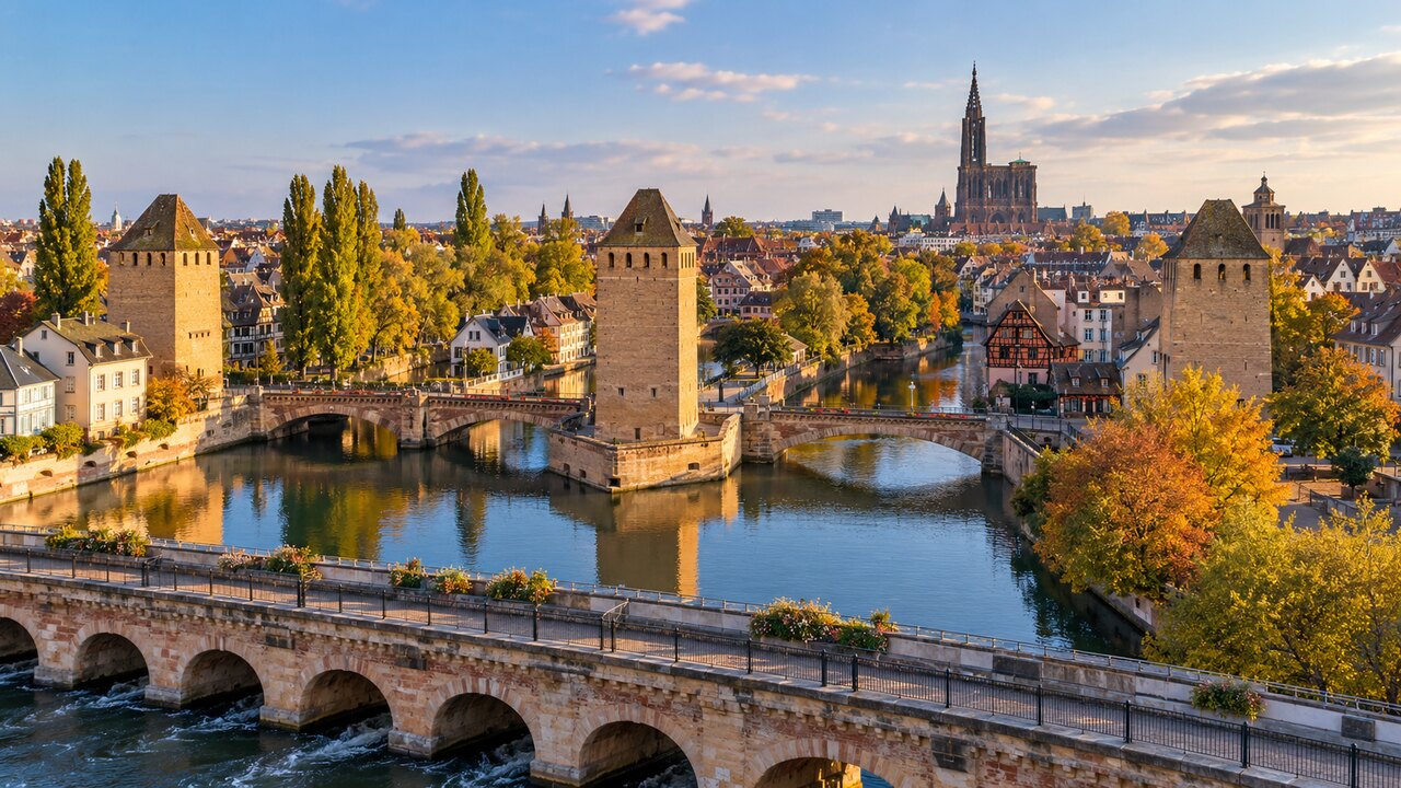 วิว Ponts Couverts คลอง และมหาวิหารสตราสบูร์กจากบริเวณเขื่อน Vauban