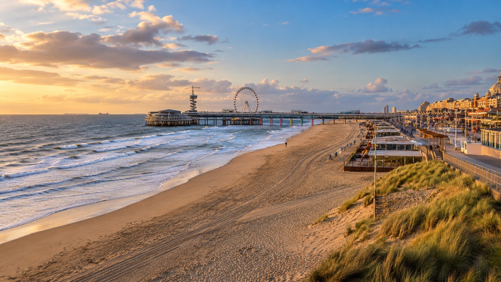 ชายหาด Scheveningen และท่าเรือริมทะเลเหนือในกรุงเฮก ภาพสร้างด้วย AI