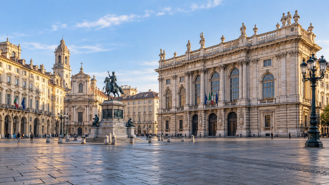 จัตุรัส Piazza Castello และสถาปัตยกรรมประวัติศาสตร์เมืองตูริน ภาพสร้างด้วย AI