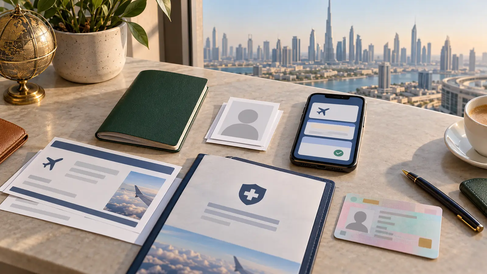 เอกสารพาสปอร์ต รูปถ่าย ตั๋วเดินทาง ประกัน และใบพำนักสำหรับวีซ่า UAE
