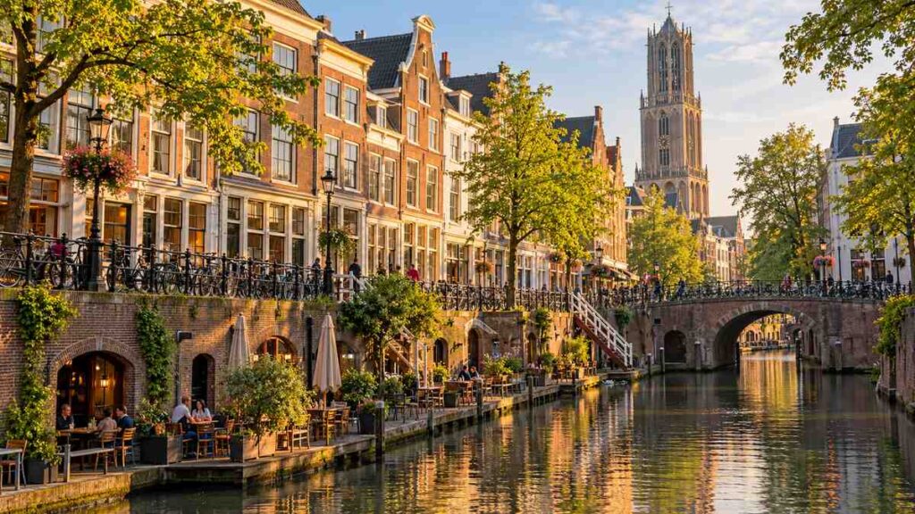 คลอง Oudegracht และ Dom Tower เมืองอูเทรคต์ เนเธอร์แลนด์