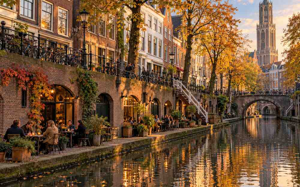 ชั้นท่าน้ำและคาเฟ่ริมคลอง Oudegracht เมืองอูเทรคต์