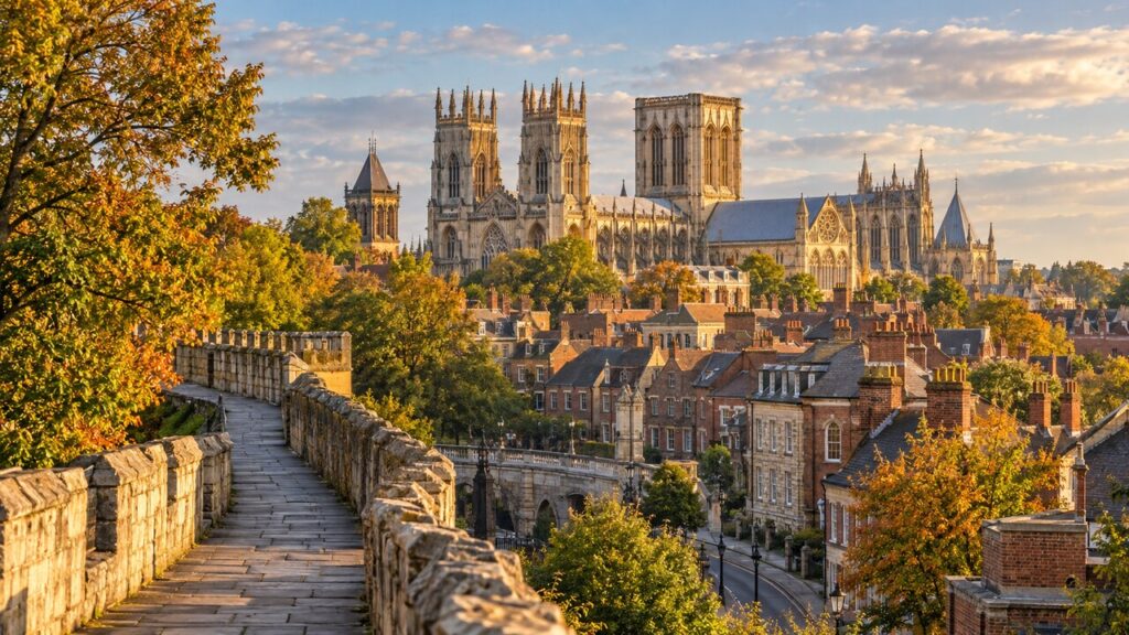 York Minster และกำแพงเมืองยอร์กในฤดูใบไม้ร่วง